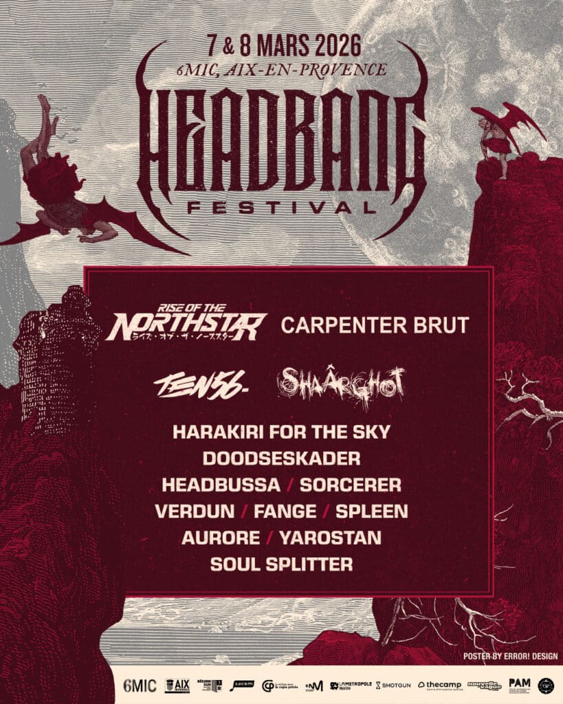 Affiche du HEADBANG Festival qui se tiendra au 6MIC d'Aix-en-Provence les 7 et 8 mars 2025