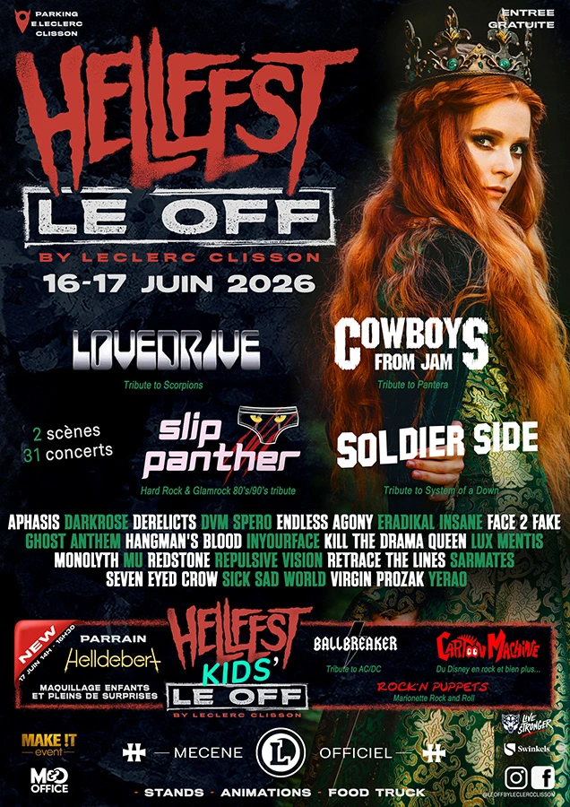 Affiche du Hellfest le Off au Leclerc de Clisson, les 16 et 17 juin 2026 -- Under a Metal Sun